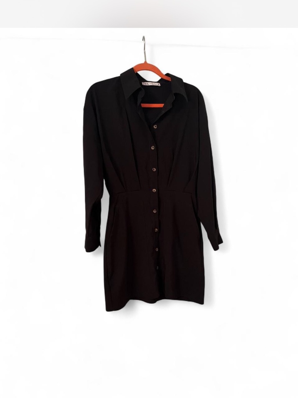 Zara Black Long-Sleeve Button Front Shirt Dress